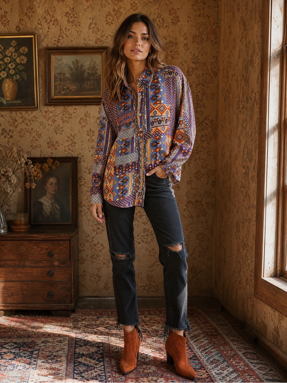 293 • Fate Bohemian Patchwork Print Button-Front Shirt